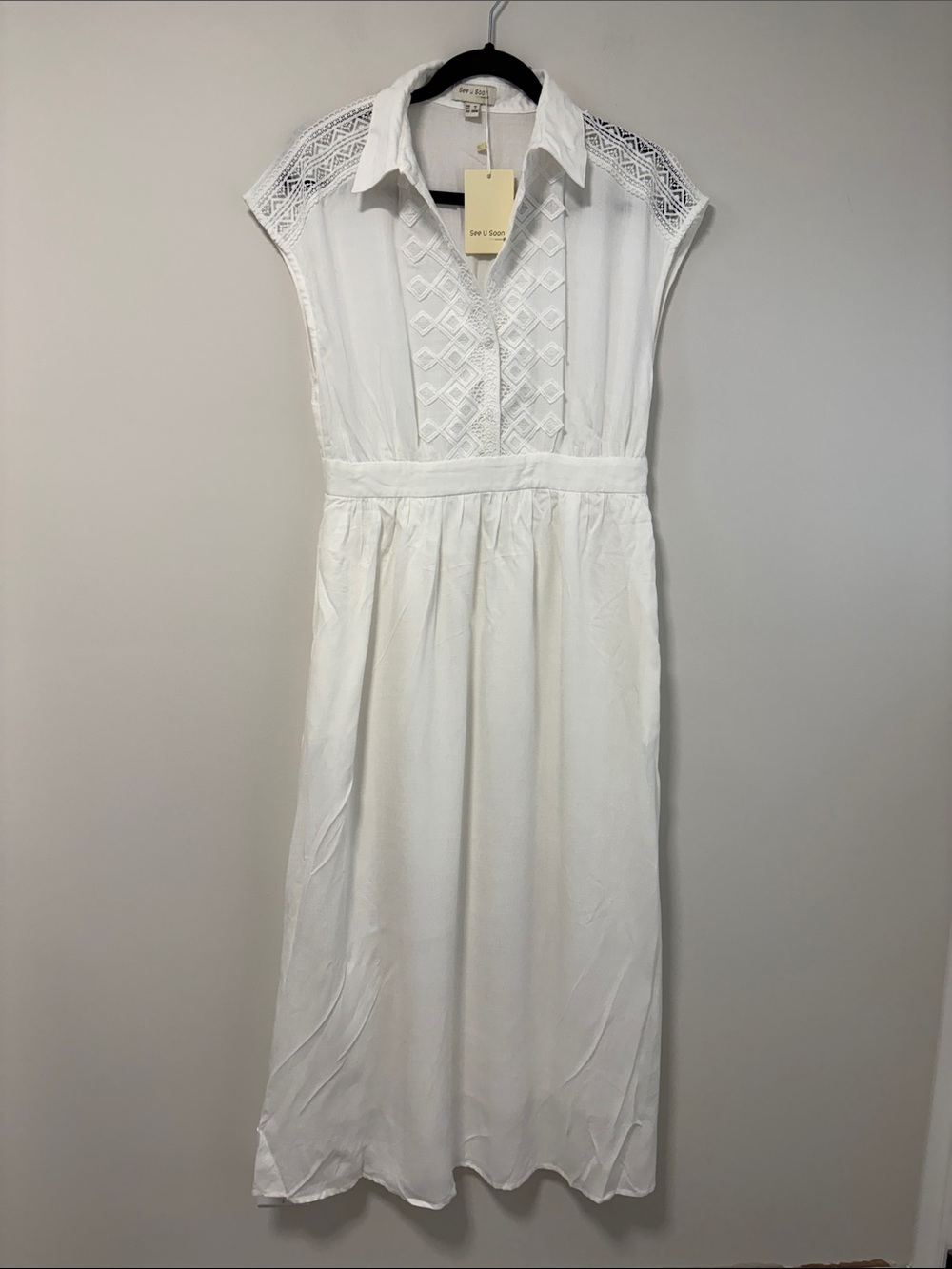 NWT See You Soon Anthro Brand White Lace-Trim Maxi Dress Viscose